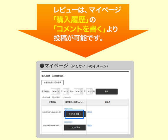 レビューは、マイページ「購入履歴」の「コメントを書く」より投稿が可能です。