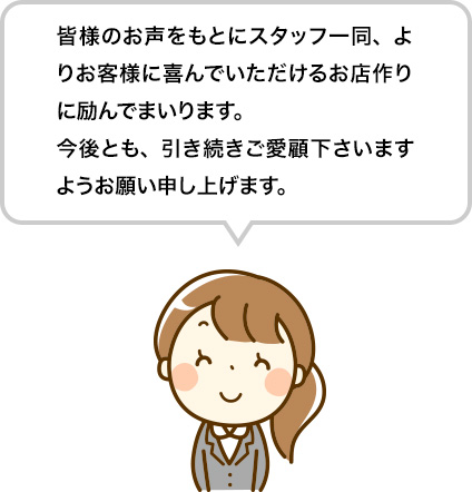 皆様のお声をもとにスタッフ一同、よりお客様に喜んでいただけるお店作りに励んでまいります。今後とも、引き続きご愛顧下さいますようお願い申し上げます。